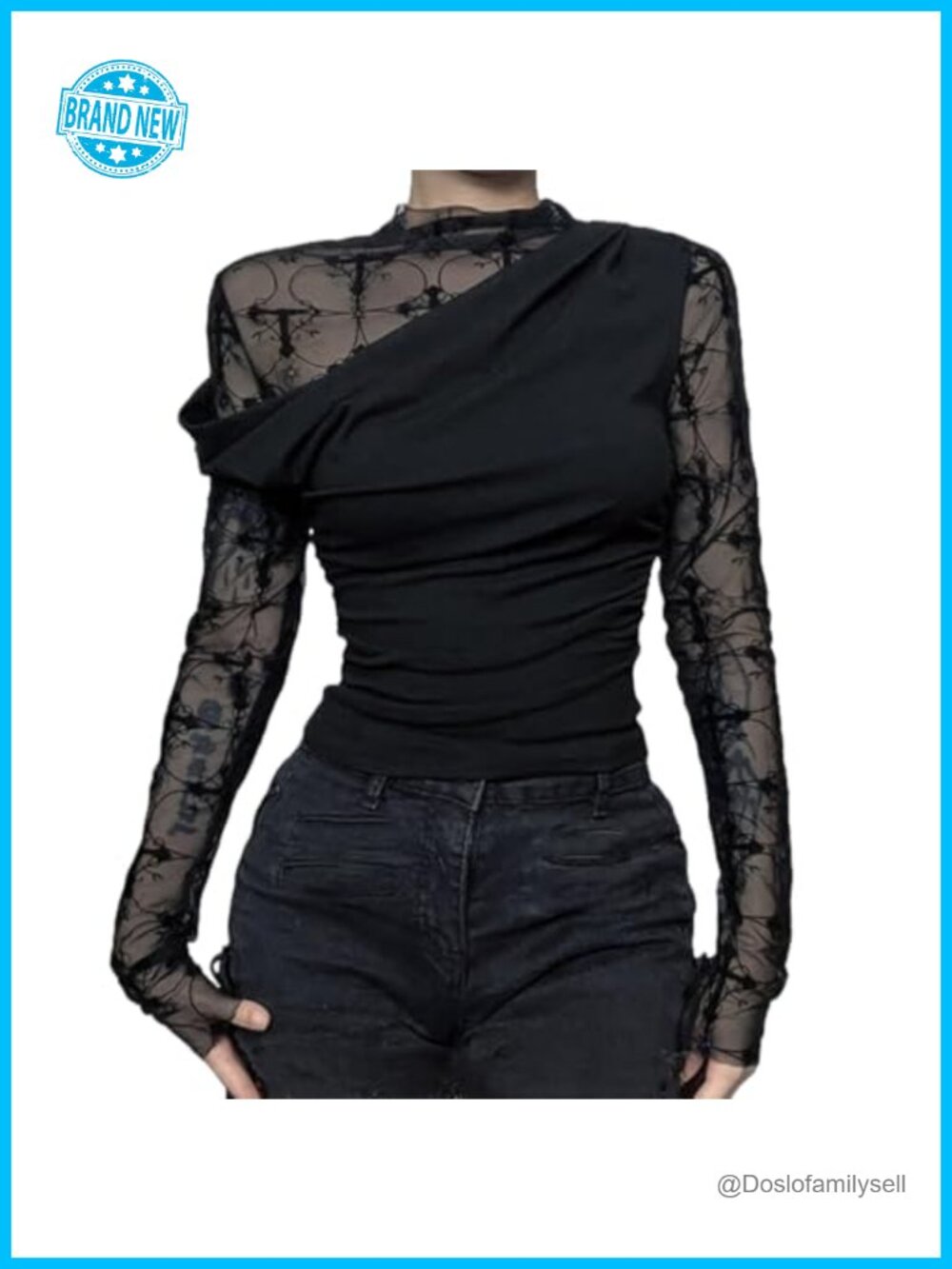 Women's Mesh Patchwork See Through Slim Fit Long Sleeve Goth Crop Top Blouse